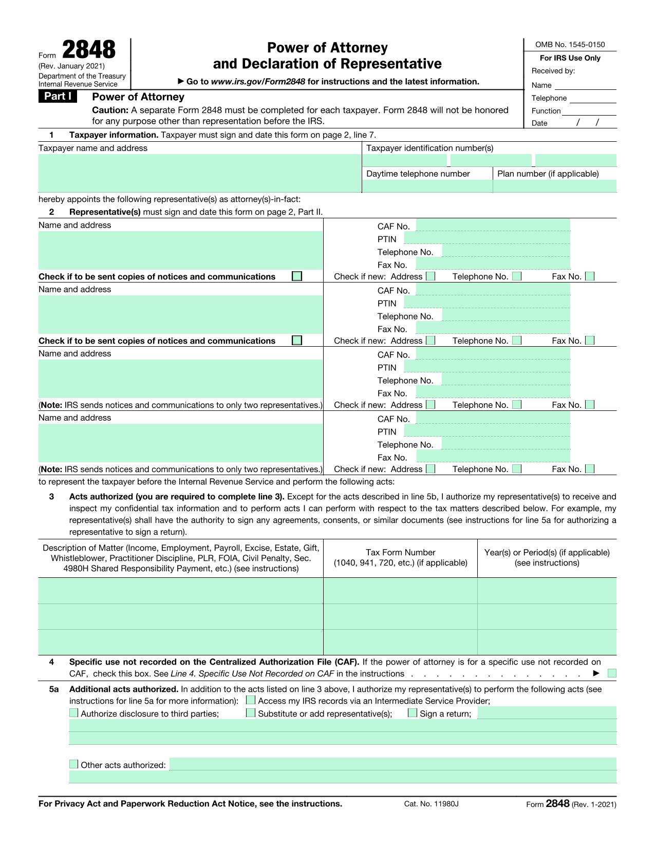 Power Of Attorney Declaration Of Representative (Form 2848) screenshot
