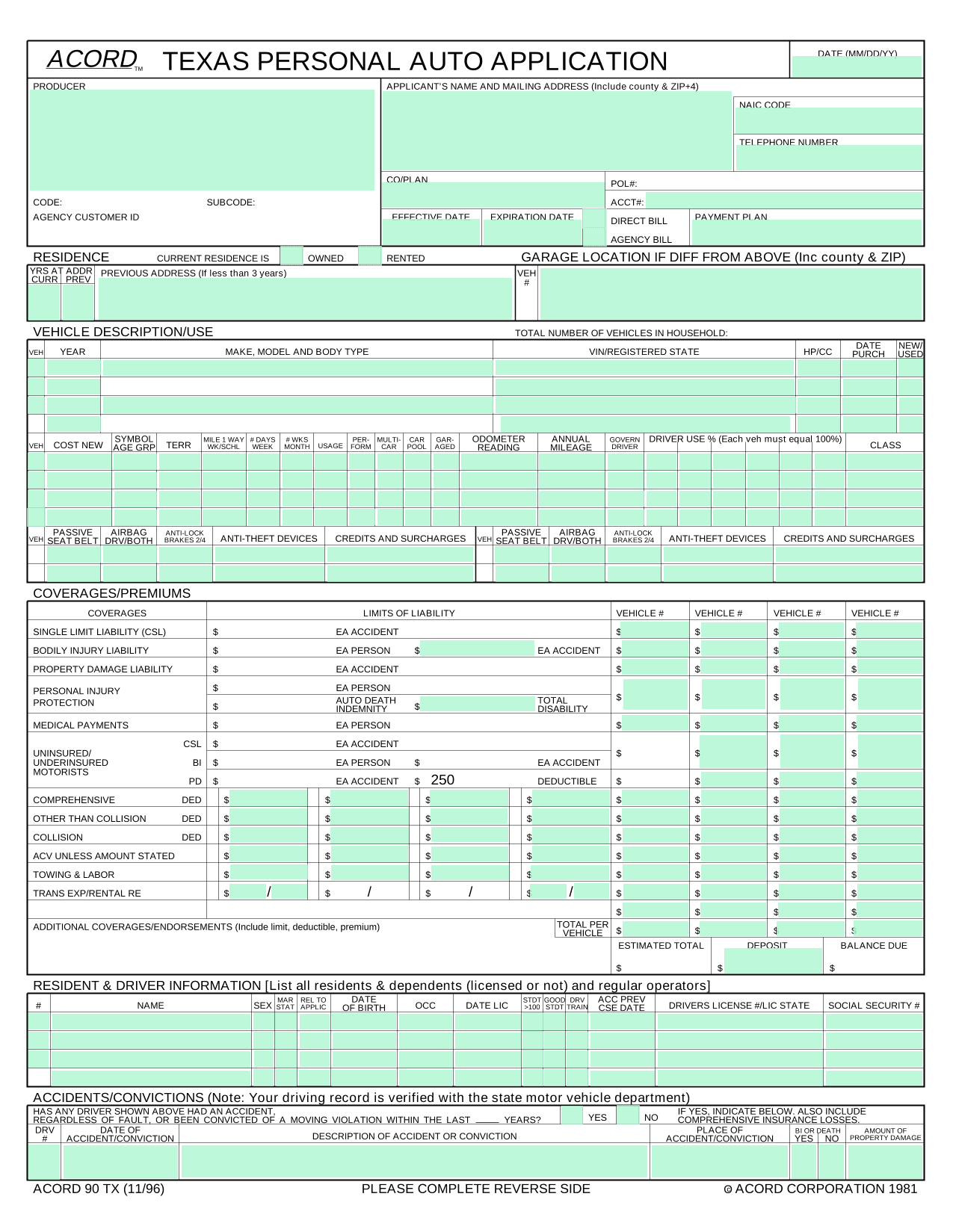 Texas Personal Auto Application (ACORD 90 TX) screenshot